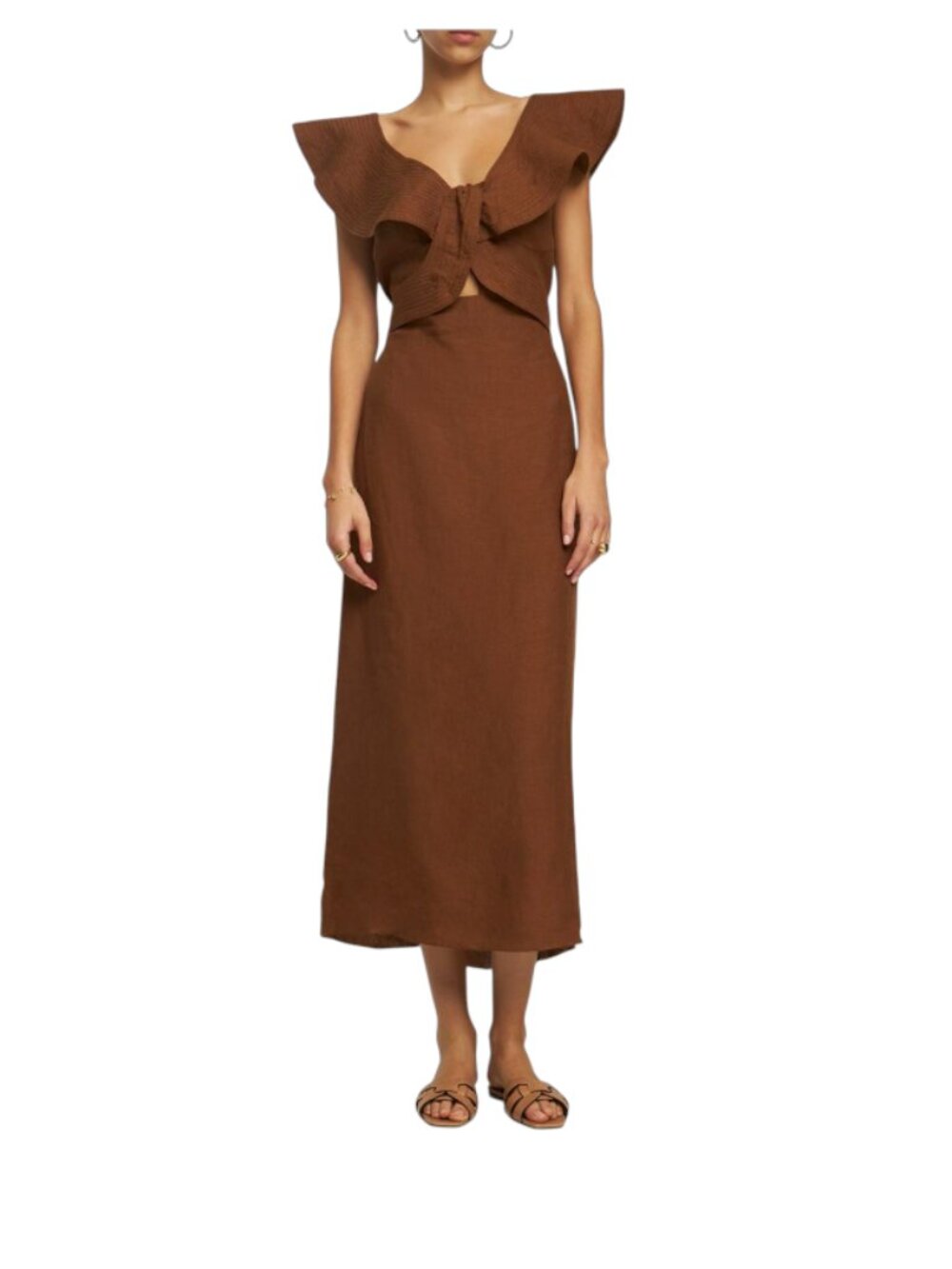 Johanna Ortiz Kilimanjaro Ruffle Midi Dress Womens 12 Brown Linen Twist Front